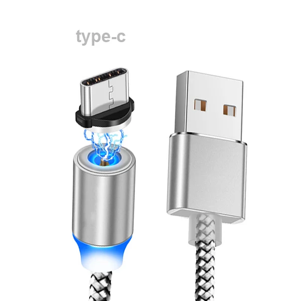 Магнитный USB кабель для быстрой зарядки мобильного телефона Micro type C Шнур для iPhone XS XR 8 7 samsung S10 S9 Xiaomi светящееся магнитное зарядное устройство - Color: sliver - typec