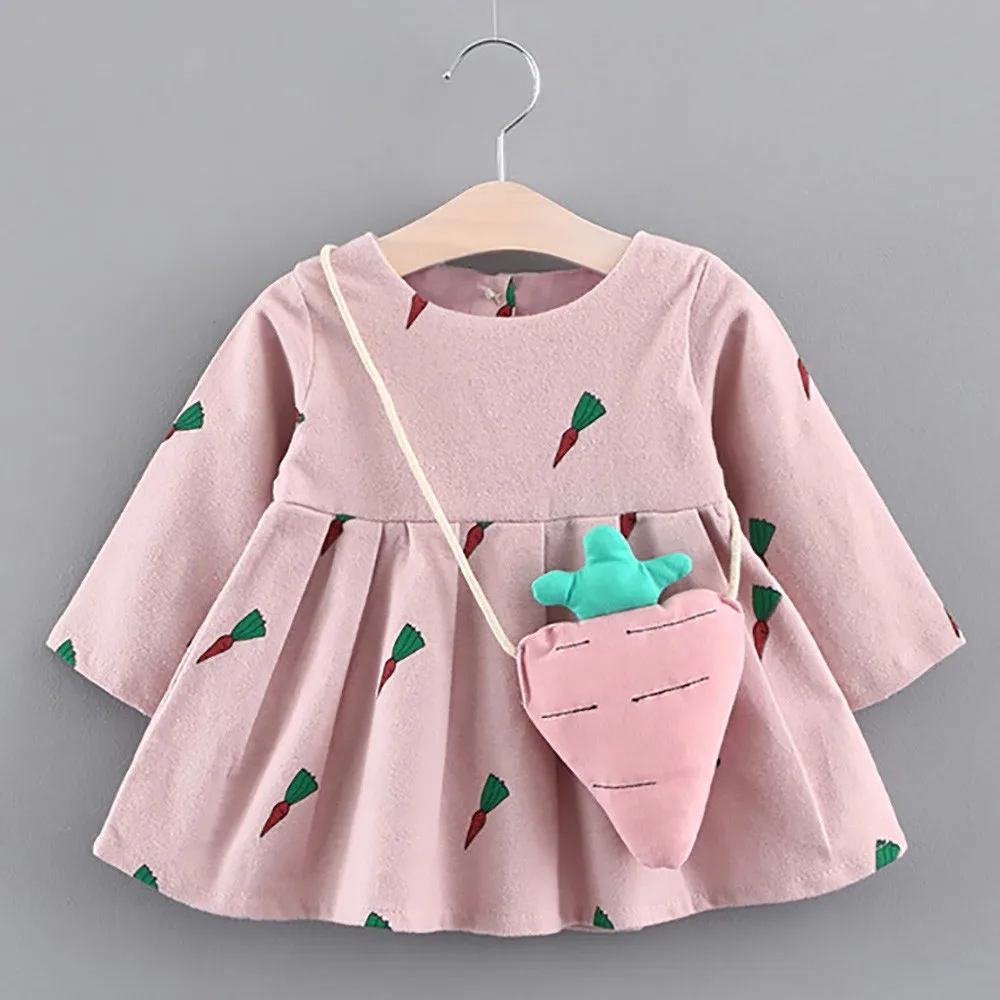 

Cute Toddler Baby Girl Carrot Print Long Sleeve Princess Dress+Small Bag