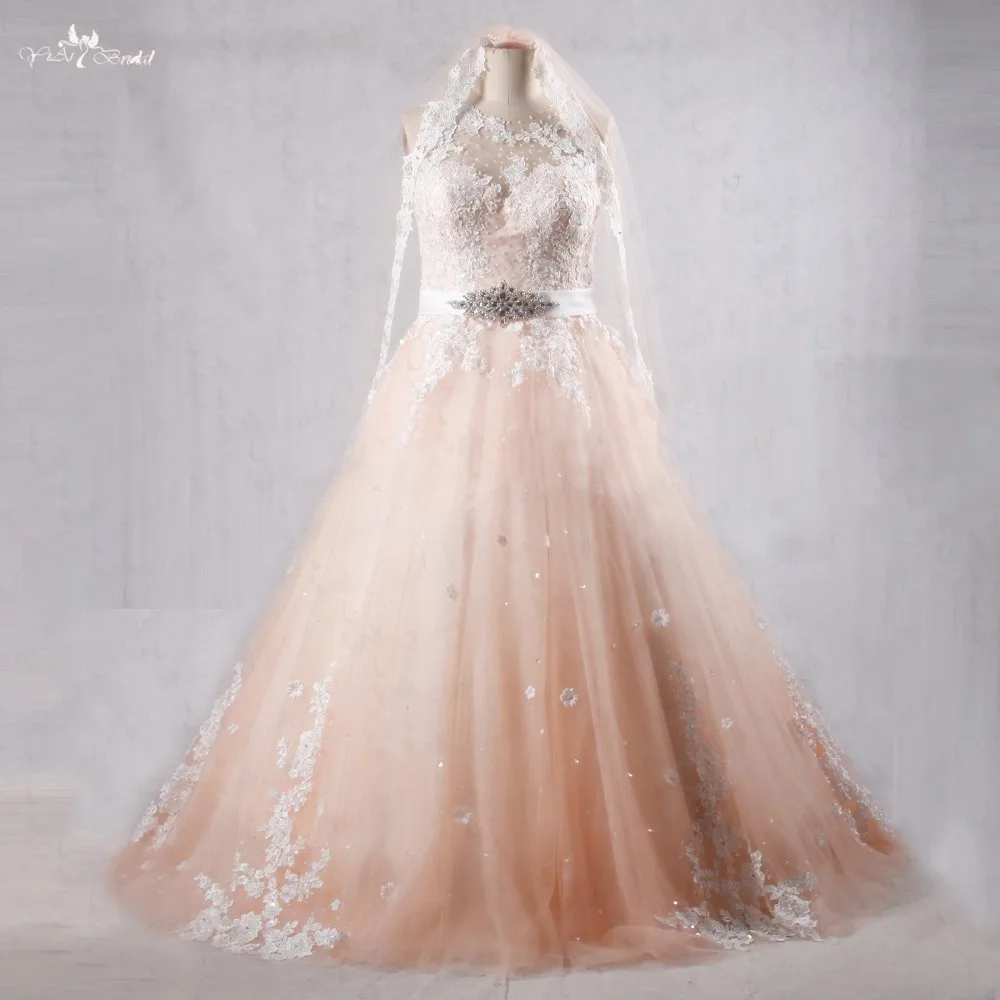 RSW1075Yiaibridal Real Pictures Ball gown With Belt And Veil Ivory Lace Champagne Backless Wedding Dresses (3)