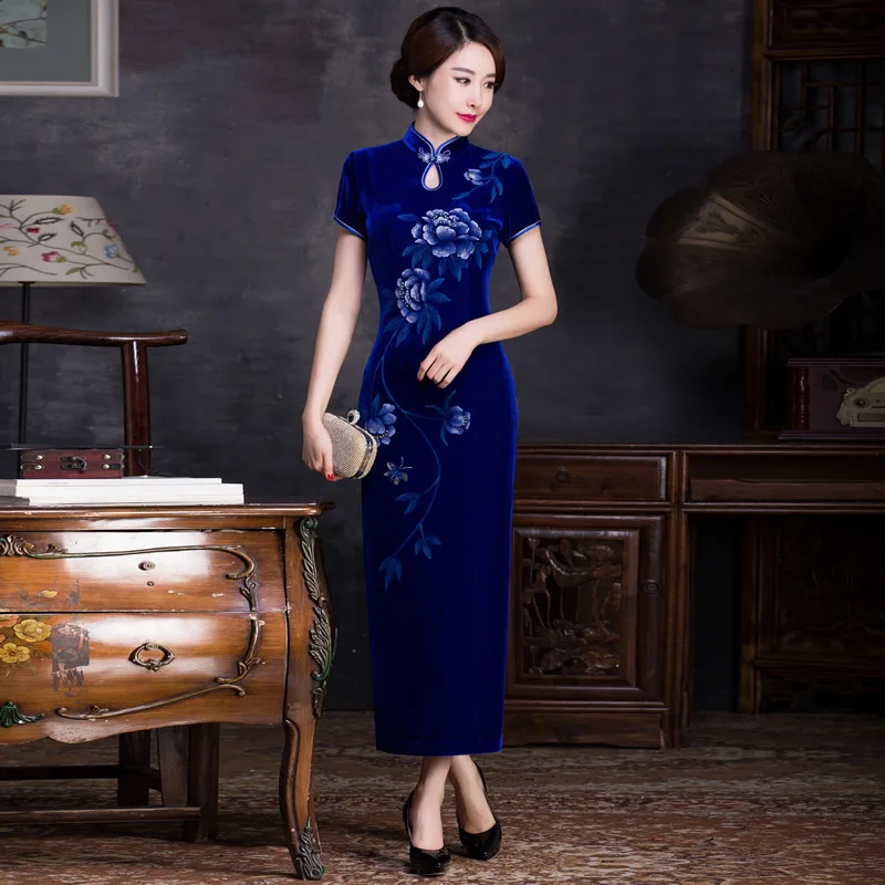 Классические пикантные Длинные Cheongsam синий традиционный вечернее платье Китайская Мода свадебное платье Qipao современная женщина халат