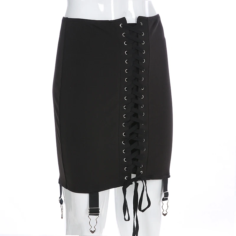 Черная юбка в стиле панк с перекрестной повязкой, уличная юбка с лентами, эластичная юбка с высокой талией, Женская винтажная юбка-карандаш