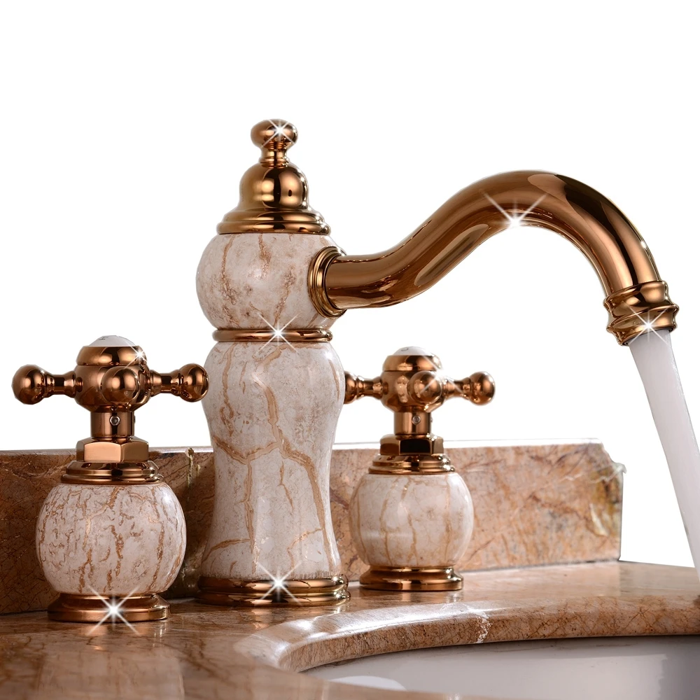 Luxury Rose Gold Solid Brass Copper Ceramics Dual Handle Washbasin Faucet European Three Holes Lavatory Faucet 