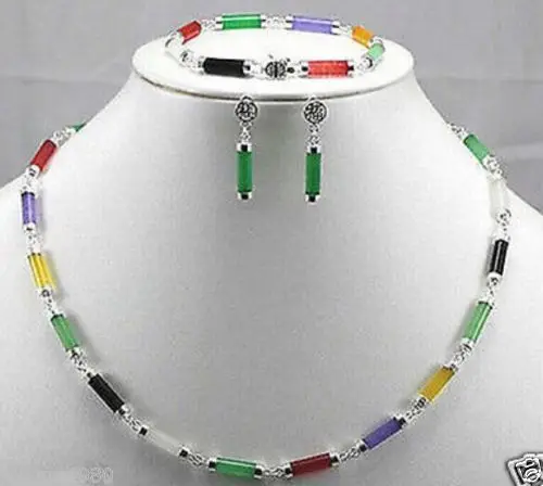 

FREE SHIPPING>>@> Jewelry 001259 Natural multicolor jade Silver bracelet earrings Necklace Jewelry Natural jewelry