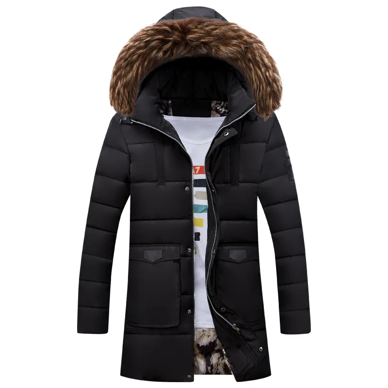Мужская зимняя куртка, повседневная, военный, с капюшоном, с меховым воротником, утолщенная, средней длины, одноцветная, пуховики, утепленные, хлопковые пальто, мужские парки