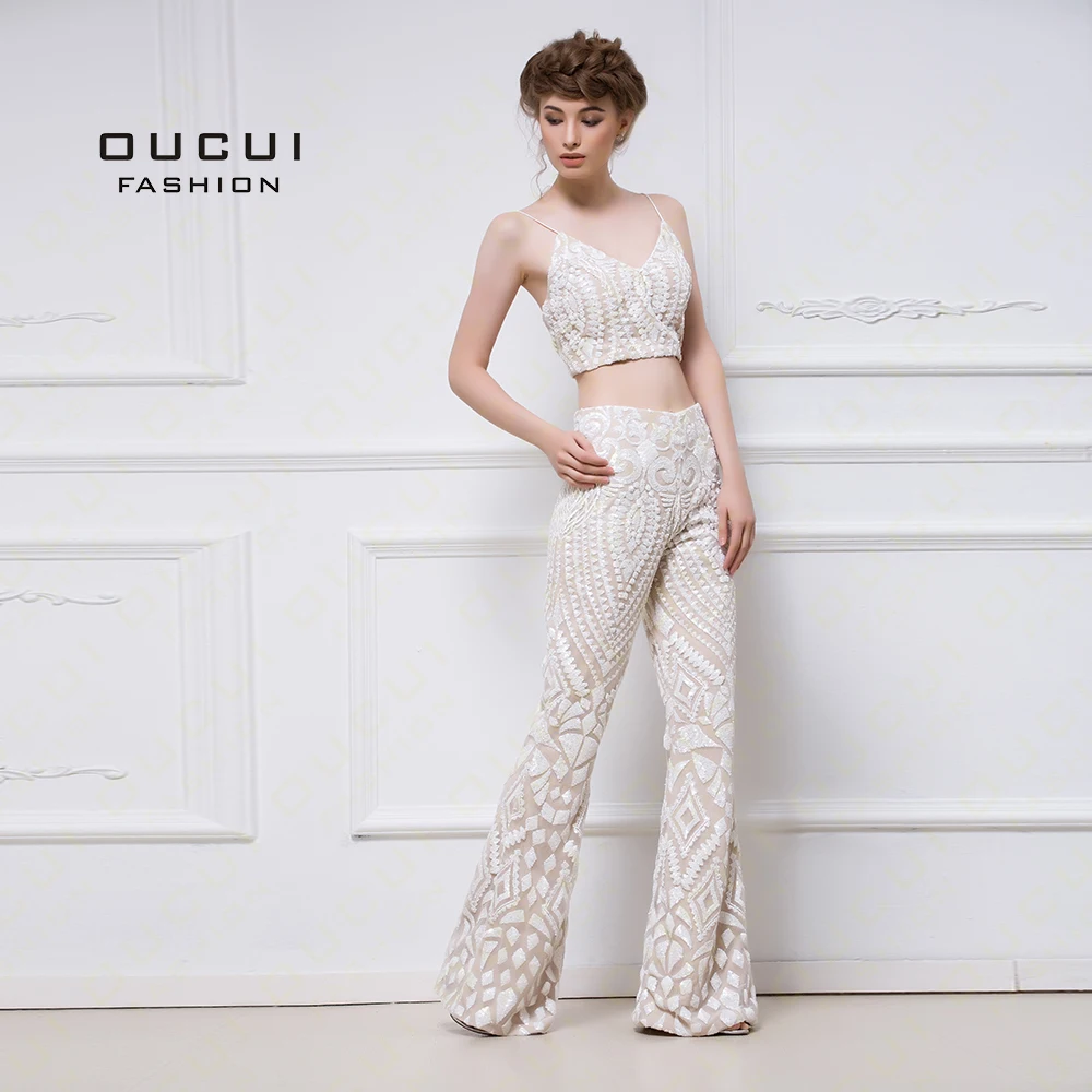 

Real photos Long Formal Evening Boot Cut Pant 2 Piece New V neck Ivory Color Party Dress Prom Gown OL103038