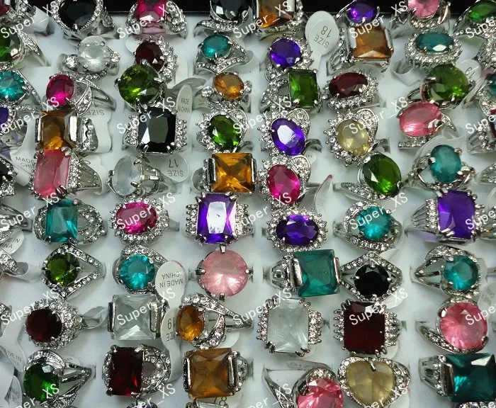 60Pcs Fashion Rhinestone Zircon Silver Plated Rings for Women Jewelry