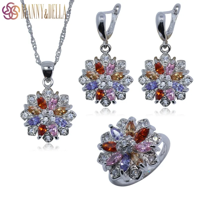 

925 Sterling Silver Jewelry Set For Women Flower With Rainbow Zircon Earrings/Pendant/Necklace Chain/Ring TZ114