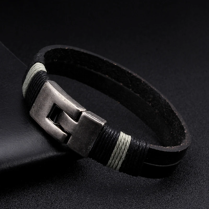 

Black Vintage Braided Leather Charm Cuff Bracelets Men Male Sporty Bangles Simple Diy Chain Link Bracelets Pulsera