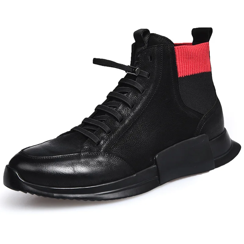 Inverno Lining fleece Homens Top Homem Alta De Forro Sapatos Calçados Martin Plataforma Couro Genuíno Ankle Lã Casuais Lace Normal Boots Grosso Dos Patchwork Up BxgET