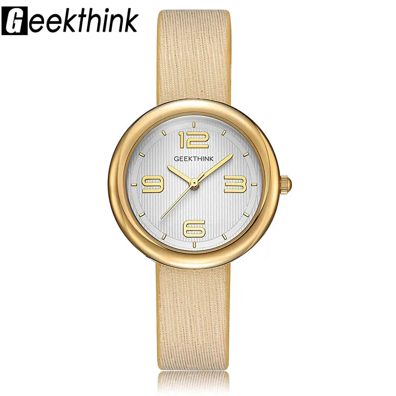 GEEKTHINK цельные кварцевые часы для женщин, золотые Брендовые женские Простые повседневные наручные часы с кожаным ремешком, женские часы Relogio