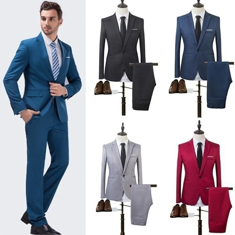 ZOGAA High Quality Men Fashion Slim Suits Male Business Casual Groomsman 2pcs Wedding Suit Men's Jacket Pants Trousers Sets