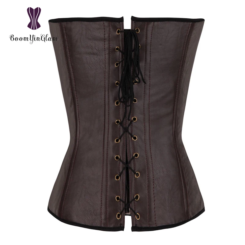 Black/Brown Slimming Body Shapewear Women's Punk Rock Faux Leather Buckle-up Halter Corset Bustier Basque With G-string 901#