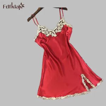 

Sexy Nightgowns Summer Fashion Spaghetti Strap Plus Size Feminino Satin Nightgowns Lace Dress lingerie Black/Red M-XXL E1048