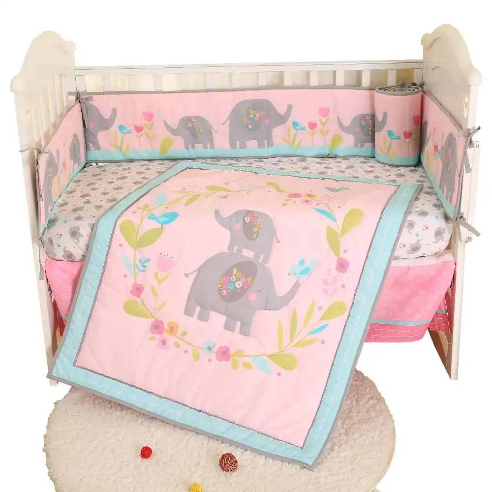 4 Pcs Baby Bedding Pink Elephant Cotton Quilt Sheets Bed Crib