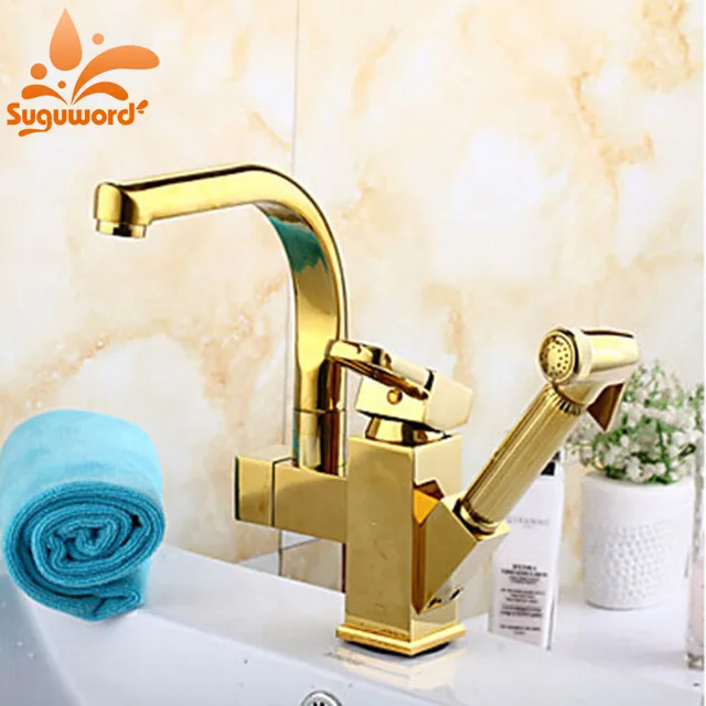 Best Quality Luxury Gold Finish Kitchen Faucet Pull Out Sprayer Kitchen Tap Mixer Faucet Deck Mounted Faucets