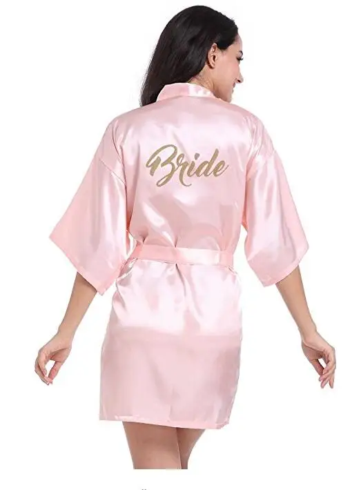 

RB70 2017 Sexy Bridal Party Robe Letter Bridesmaid on the Robe Back Women Short Satin Wedding Kimono Sleepwear Get Ready Robes