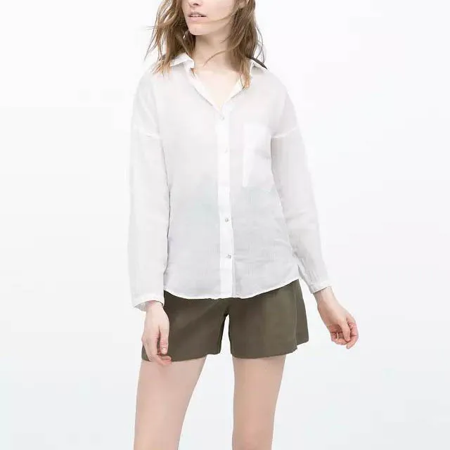 Show School Women White Blouses Long Sleeve Pockets Blouse