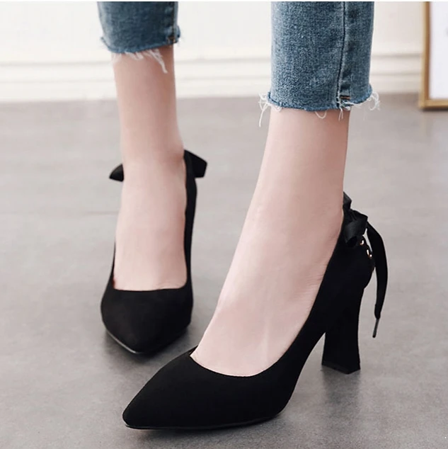

2018 New Women Fashion Square High Heels Cute Flock Pumps Square Toe Elegant Ribbon Bows Pumps Shoes CH-B0078