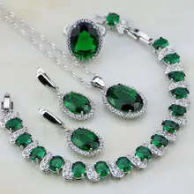 925 стерлингов Серебряные ювелирные изделия Зеленый создания Изумрудный Белый со стразами Ювелирные наборы для Для женщин серьги/кулон/Цепочки и ожерелья/браслет/кольцо