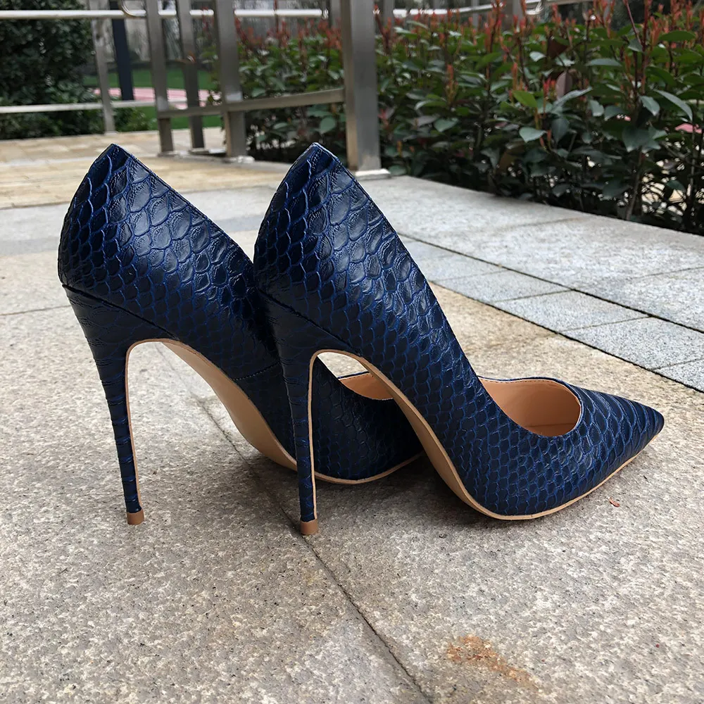 Veowalk Sexy Women Snake Skin Embossed High Heel Shoes Italian Style Navy Blue Fashion Ladies Extremely High Stilettos Pumps