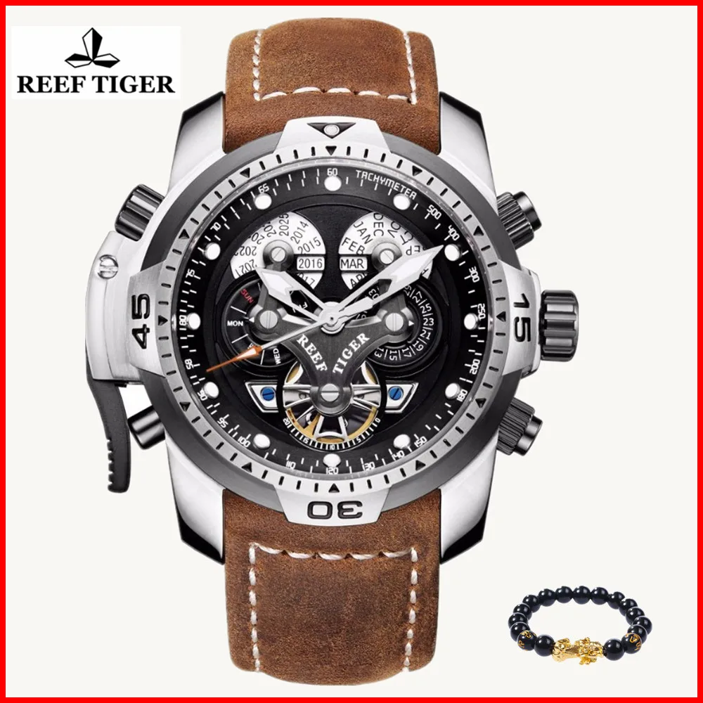 

Reef Tiger Brand Luxury Tourbillon Sport Watch Calendar Date Waterproof 100M Leather Mechanical Mens Watches Relogio Masculino