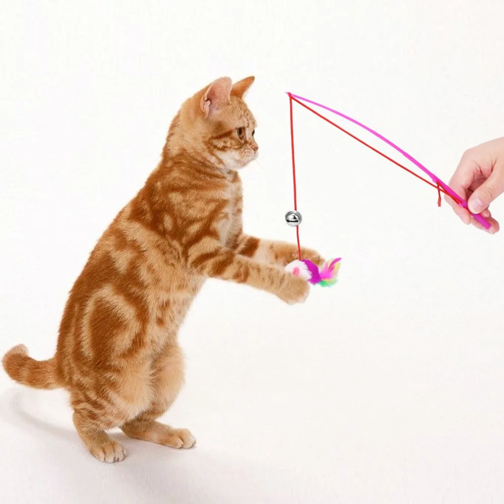 Pet Cat Bell The Dangle Faux Mouse Rod Roped Funny Fun Play Playing Toy Funny Pets Cats Playing