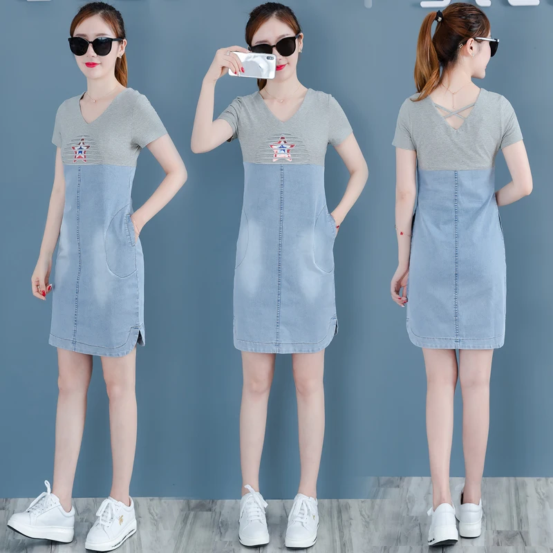 

YICIYA jean dresses women mini t shirt dress summer short woman 2019 vestido jeans patchwork denim blue elegant pocket clothing