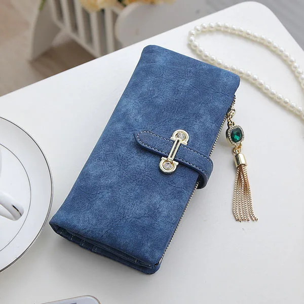 Женские кошельки, женская сумка из нубука на молнии, Длинный кошелек, ретро клатч с кисточками, съемные держатели для карт - Цвет: dark blue