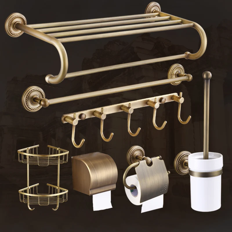European Antique Ceramic Brass Shelf Towel Rack Gold Plated Bathroom
