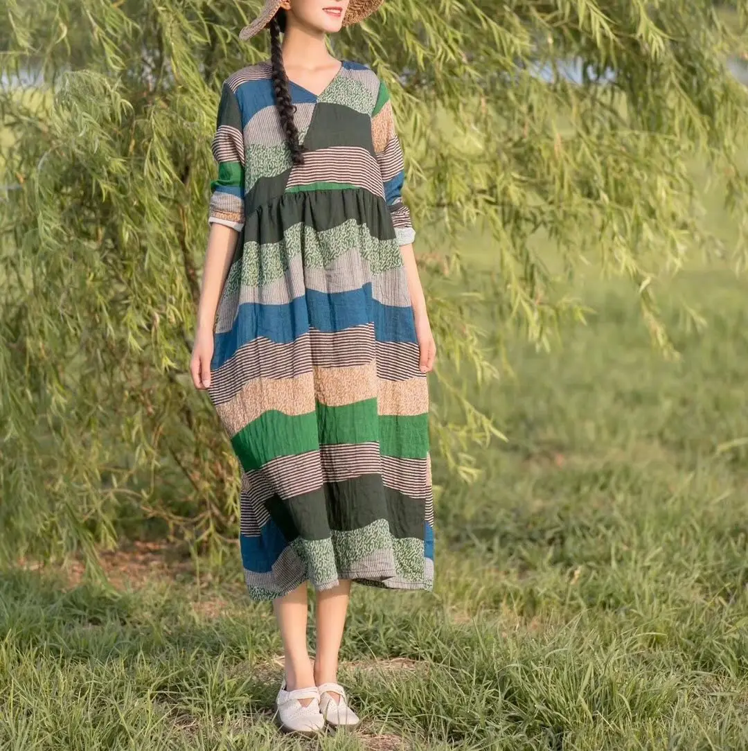 YoYiKamomo хлопковое льняное женское платье 2019 макси осень весна Национальный принт