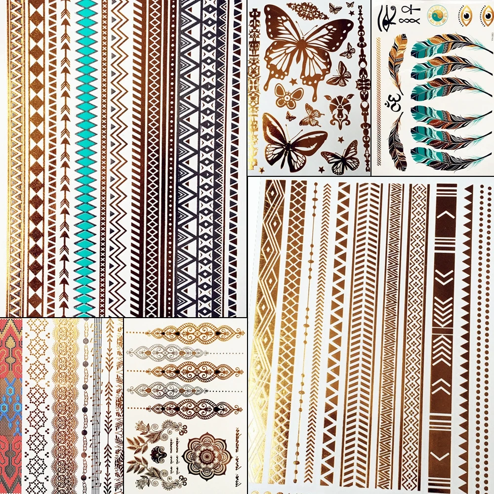 الصيف نمط فتاة النساء الحناء الذهب لامع فلاش الوشم ملصقات الفتيات الأساور الساق الوشم الوشم وهمية للماء ذهبي اللون