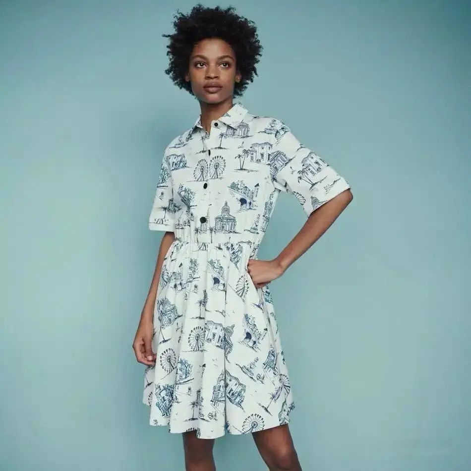

2019 New Women Ink Printed Mini Dress Short Sleeve Turn Down Collar Shirt Style Slim Dress