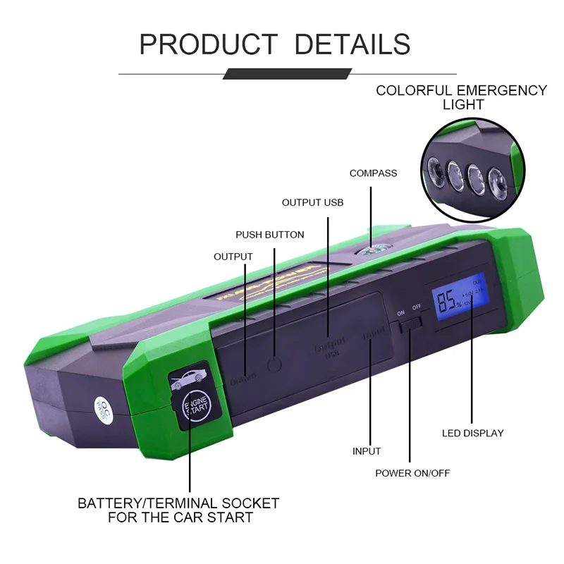 

for Petrol 6.0L Diesel 4.0L- 800A Peak Current Car Jump Starter 18000mAh Starting Power Bank Auto Battery Portable Pack Booster