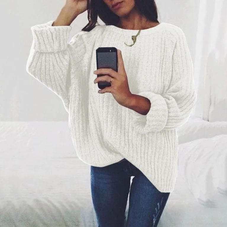 Осенне-зимний свитер большого размера, вязаный пуловер с круглым вырезом, повседневный черный пуловер с длинным рукавом, новинка, однотонные женские свитера - Цвет: White Sweater