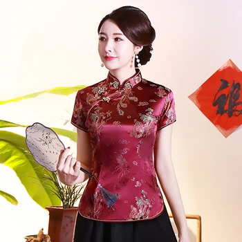 

Burgundy 3XL 4XL Chinese Satin Blouse Women Summer Button Shirt Sexy Mandarin Collar Shirts NOVELTY Dragon Plus Size Tops 419