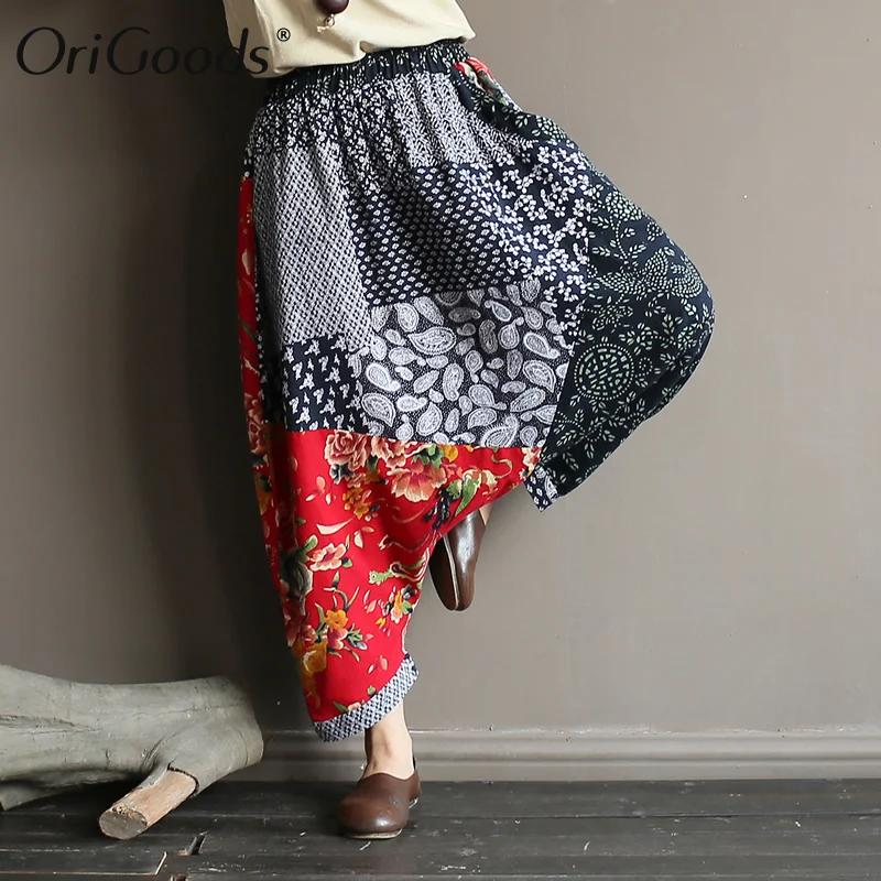 OriGoods Chinese style Cross Pants Women 2019 Summer New Pants Vintage Novelty Design Baggy Pants Patchwork Print Pants A433