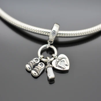 

Genuine New 925 sterling silver charm my little baby with bottle ankle boots and heart pendant Necklace Diy jewelry