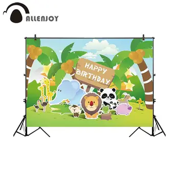 

Allenjoy fotografico backdrop jungle party wild animals birthday children panda giraffe plant coconut tree background photocall