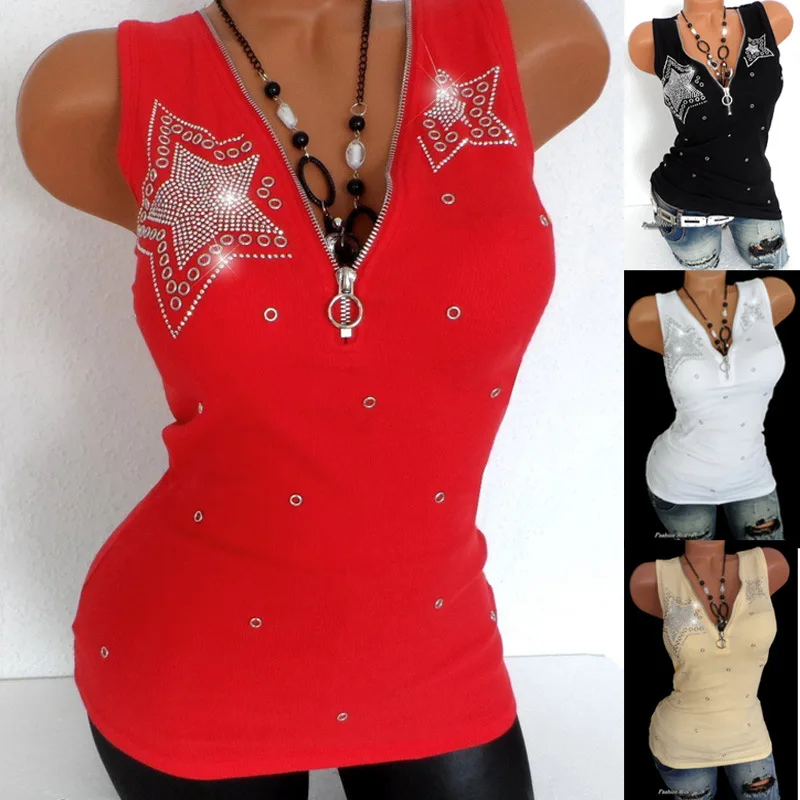 

Stretch Beading Tanks Tees Cotton T-Shirt Women Summer T Shirts Sexy Zipper V Neck Sleeveless Top Black Slim Vest Plus Size 5XL