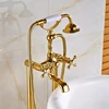 Uythner Gold Floor Mounted Tub Sink Faucet Dual Handle Bathroom Bath Shower Set Freestanding Bathtub Mixer Tap with Handshower 4