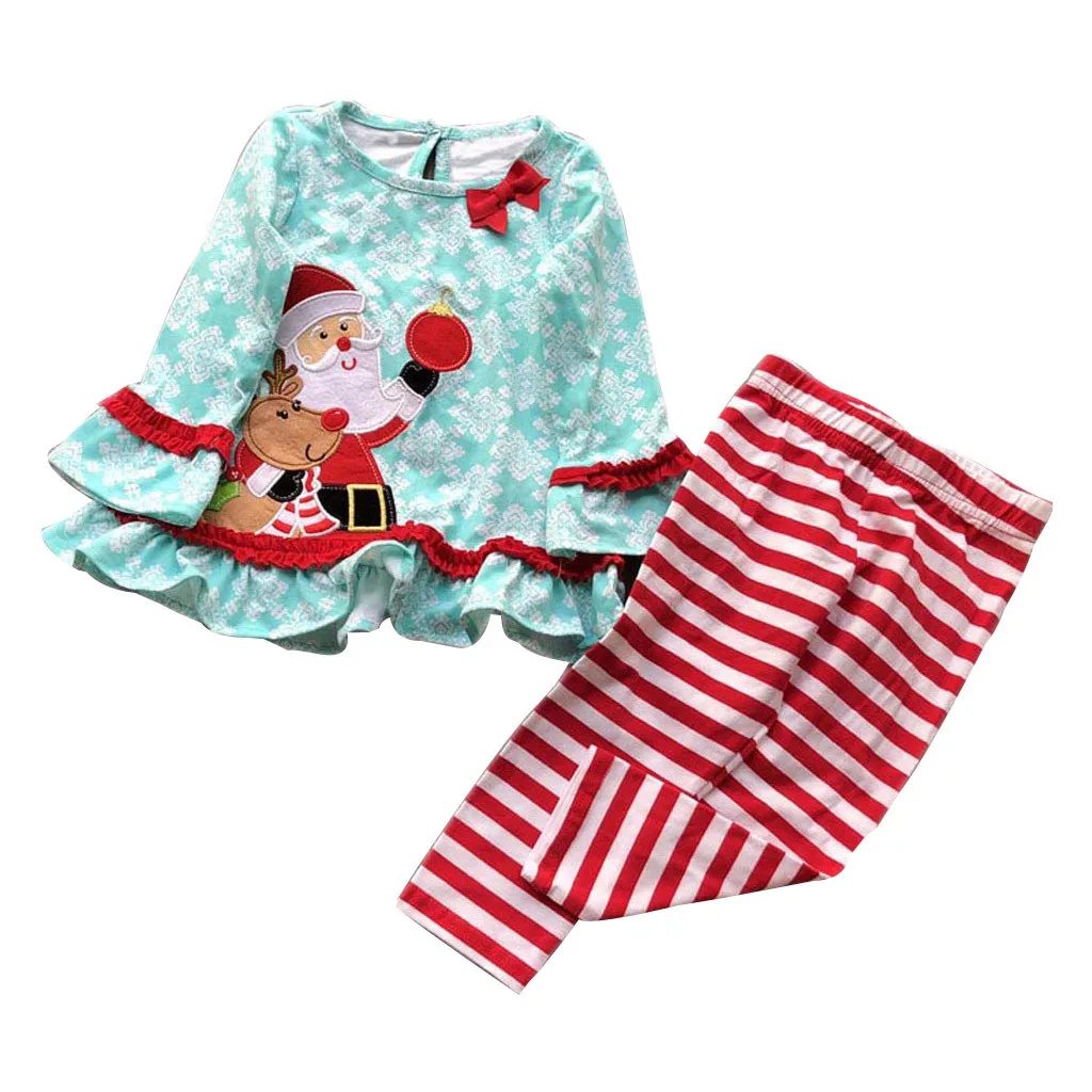 Рождественское детское платье Санты для маленьких девочек топы штаны в полоску, комплект одежды Рождественская одежда комплект рождественской одежды, детская одежда