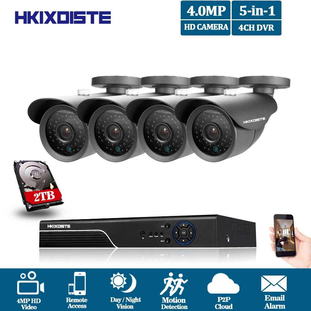 

HKIXDISTE 4CH 4MP 1080P HDMI P2P TVI DVR Surveillance System Video Output 4.0MP HD AHD Camera Home Security CCTV Kits 2TB HDD