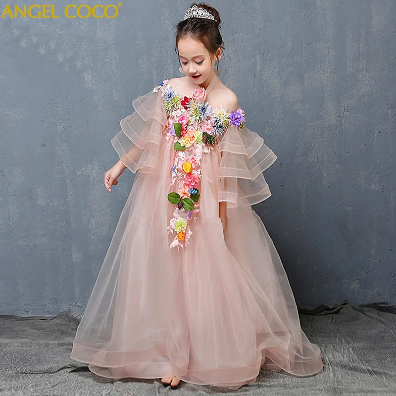 

Luxury Children Evening Gown Trailing Sleeveless Crew Neck Dress Girl Piano Performance New Year Wedding Birthday Party Dresses