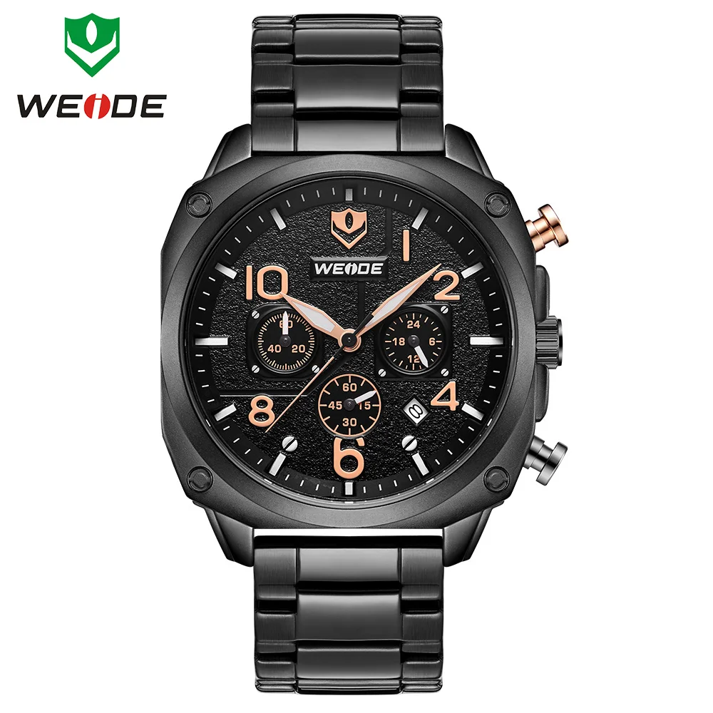 WEIDE оригинальные часы мужские черные все стальные хронограф кварцевые наручные