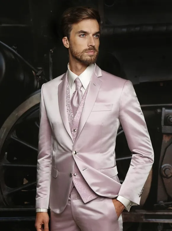 

2018 Pink suit for men satin blazer jacket Wedding suit for men floral waistcoat Evening party prom stage show dress 3 pieces