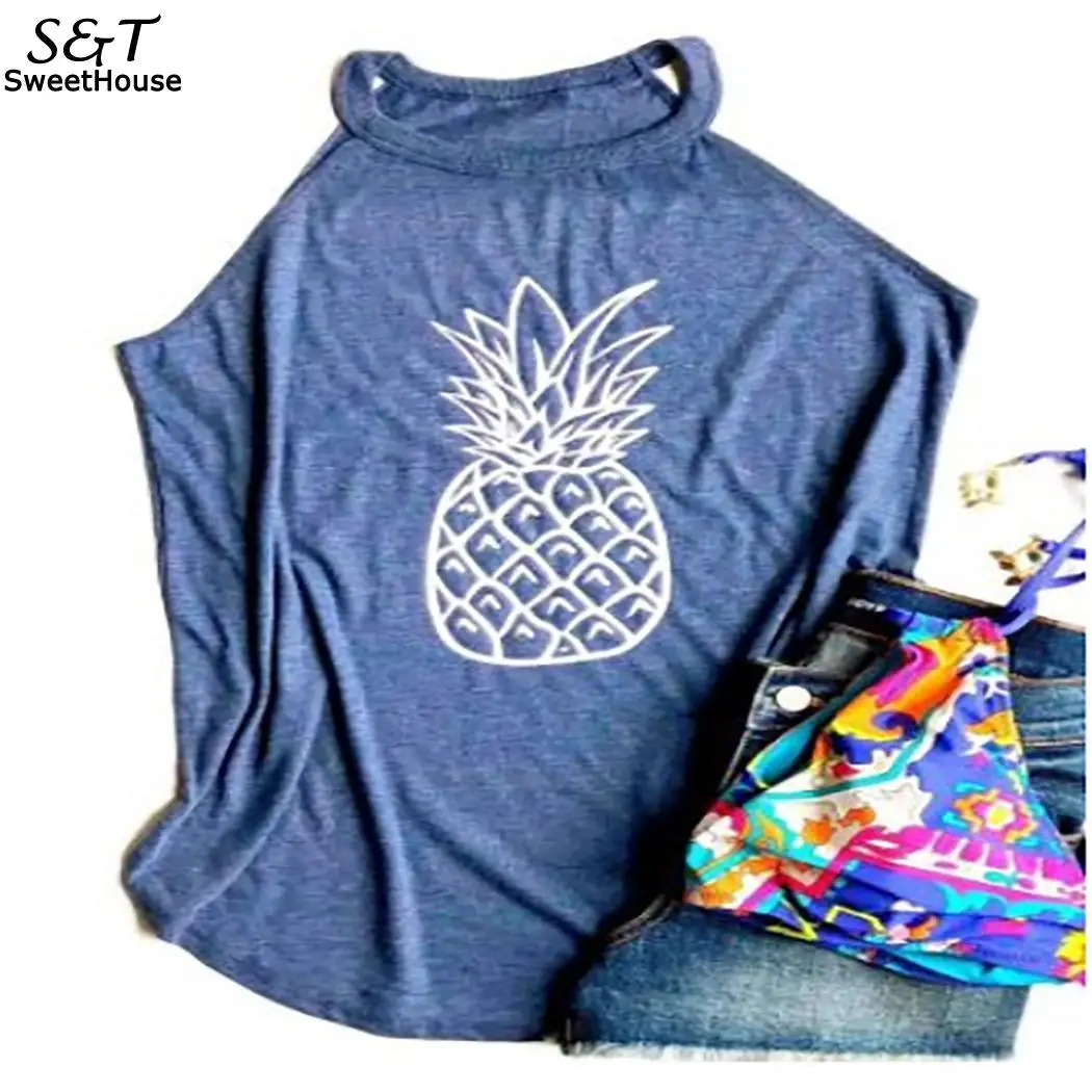 

Women Pineapple Print Sleeveless Shirt Summer Regular Casual Tank Tops High Neck Blue None