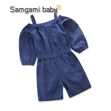 SAMGAMI детские модные комбинезоны чистый цвет соболезнуем пояса с открытыми плечами Демин цельный комбинезон летняя одежда для маленьких девочек От 1 до 5 лет