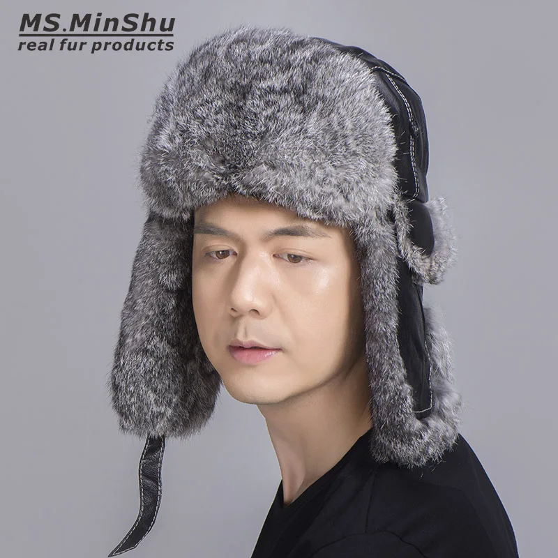 MS.MinShu шапка из русского кроличьего меха, лыжная шапка, шапка из натурального кроличьего меха с натуральной овечьей кожей, шапка-бомбер из натурального кроличьего меха