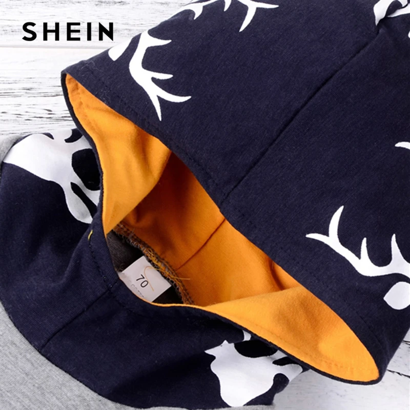 SHEIN طفل الفتيان الحيوان طباعة عارضة مقنعين أعلى مع عقدة السراويل الاطفال الملابس 2019 ملابس علوية بأكمام طويلة للربيع جيب الدافئة الفتيان المل...