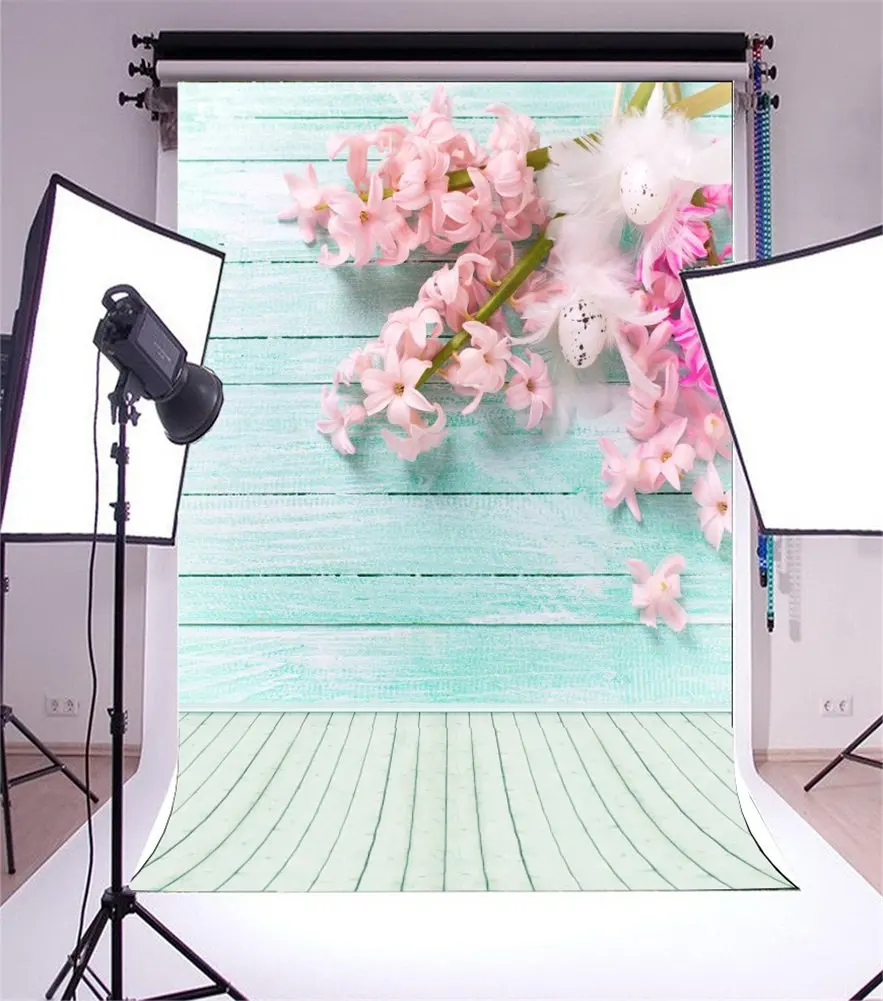 

Photography Backdrop Blooming Flowers Eggs on Blue Paint Wall Stripes Wooden Floor Photo Background